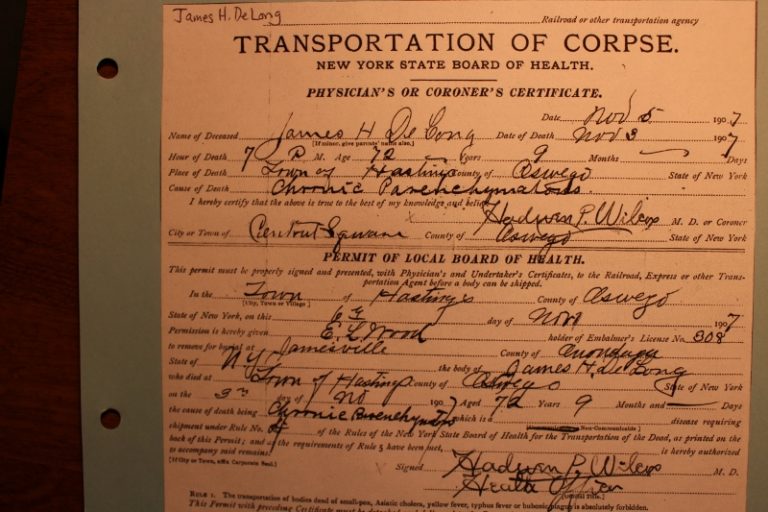 Delong, James H. (burial permit) Jamesville Walnut Grove Cemetery